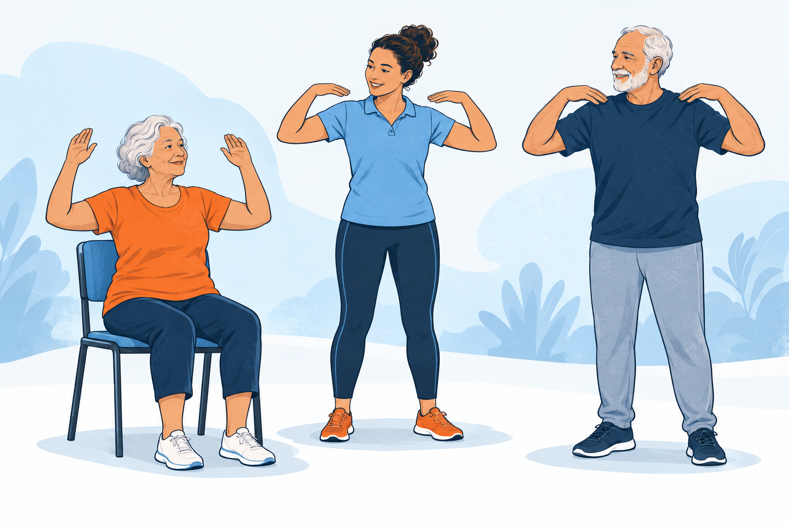 Ilustración de dos adultos mayores realizando ejercicios de movilidad con un entrenador