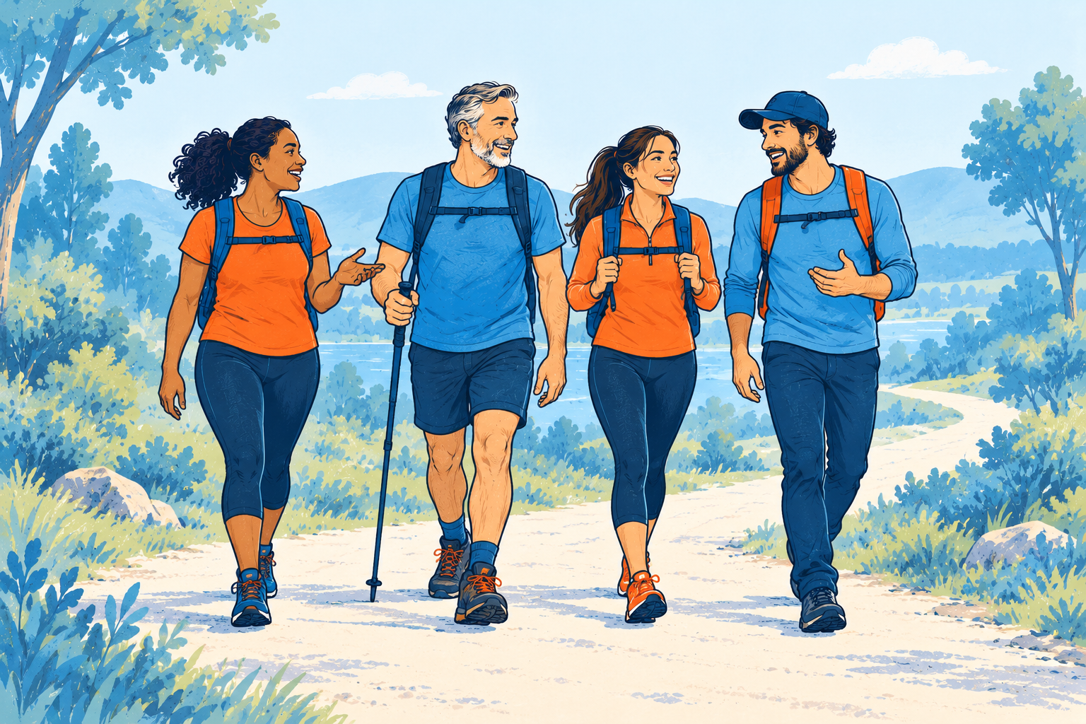 Ilustración de una caminata de senderismo en comunidad