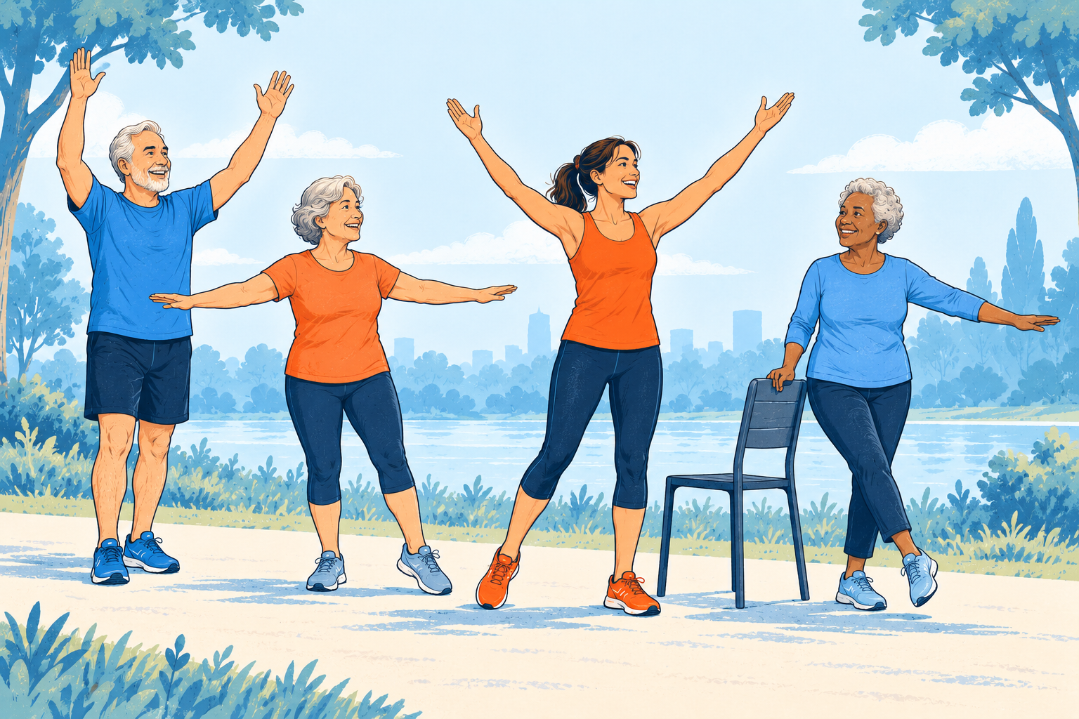 Ilustración de personas adultas mayores ejercitándose en comunidad