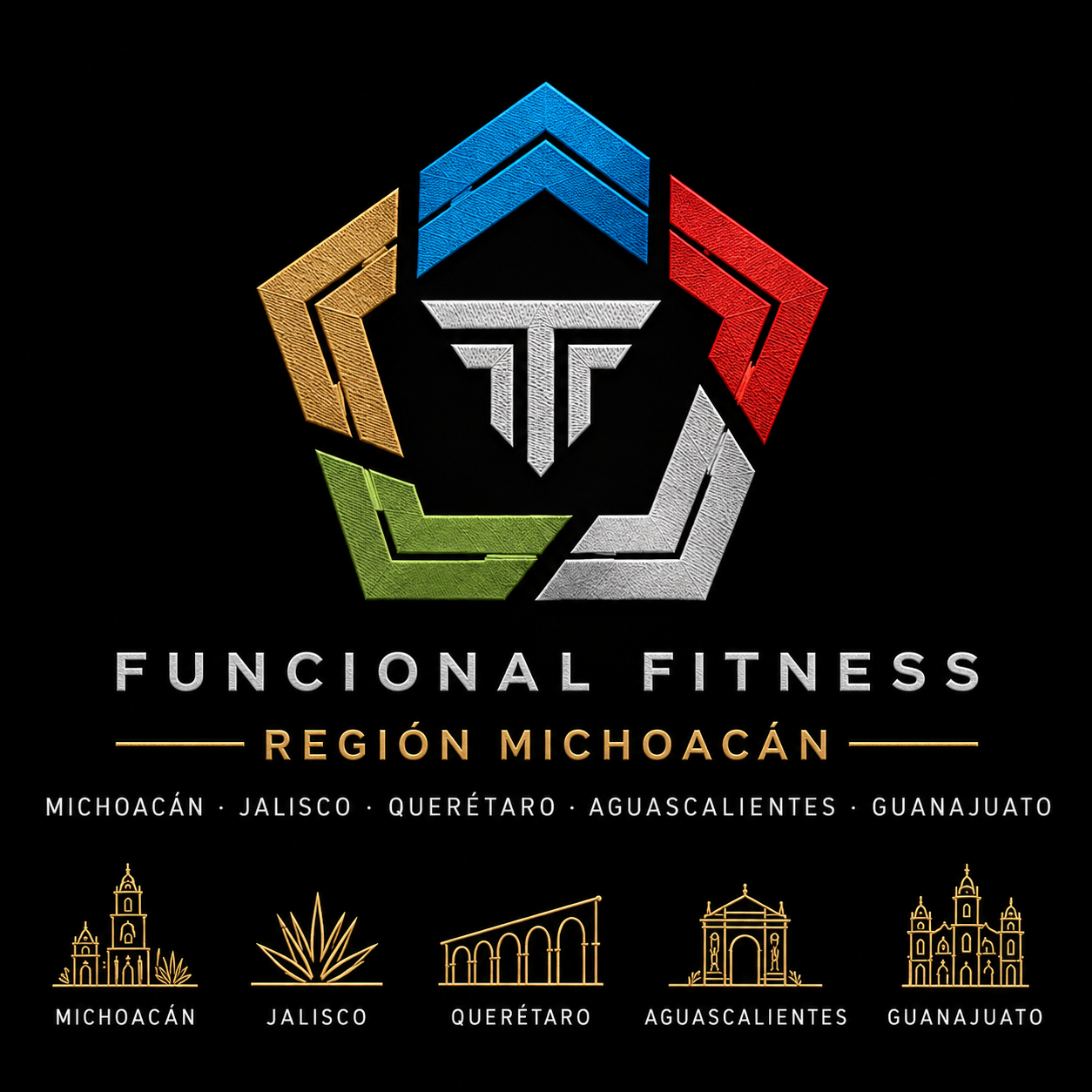 Functional Fitness Región Michoacán: emblema de cinco elementos de colores con símbolo Titan y monumentos de Michoacán, Jalisco, Querétaro, Aguascalientes y Guanajuato