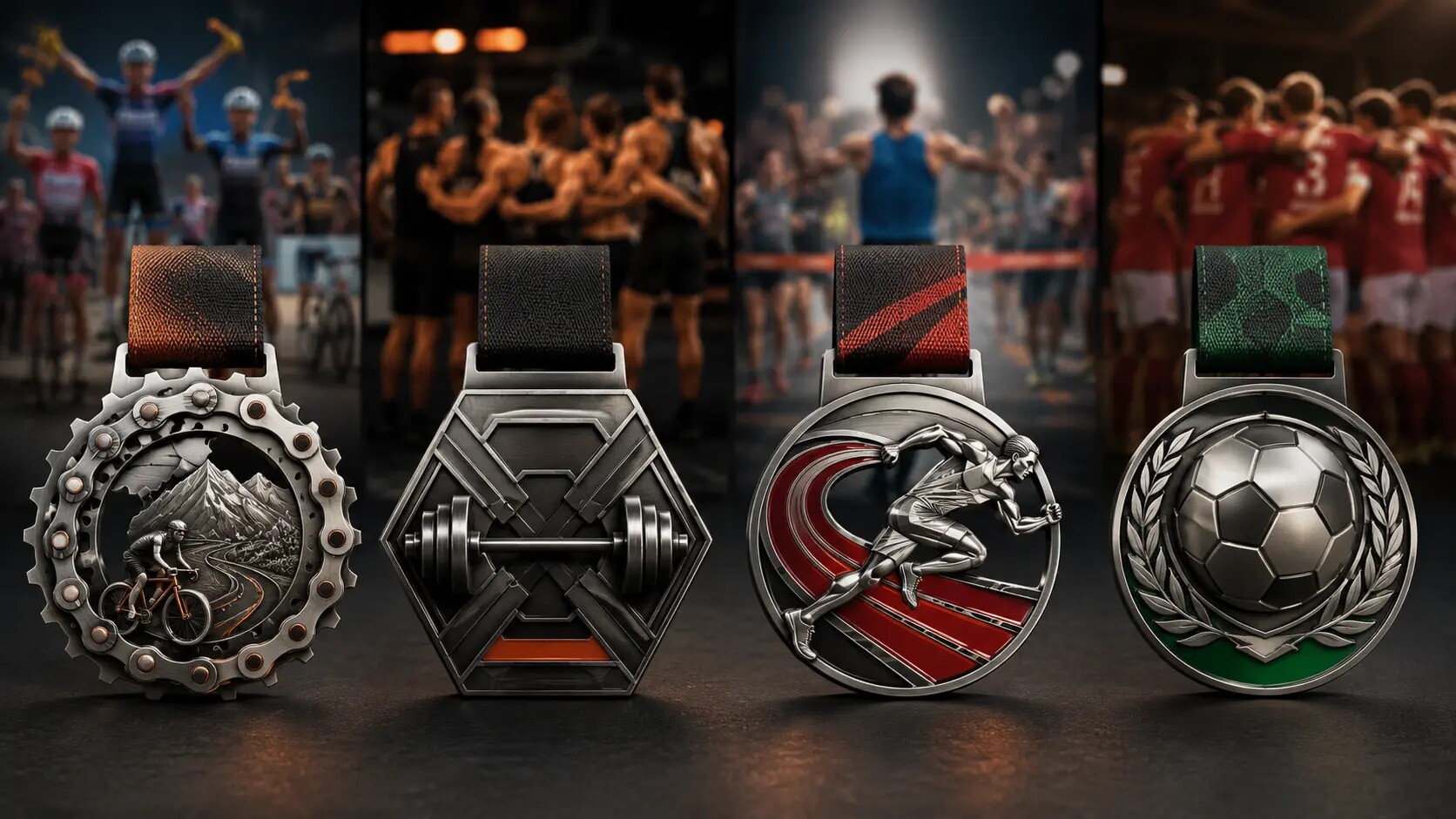Cuatro medallas personalizadas para ciclismo, functional fitness, running y fútbol